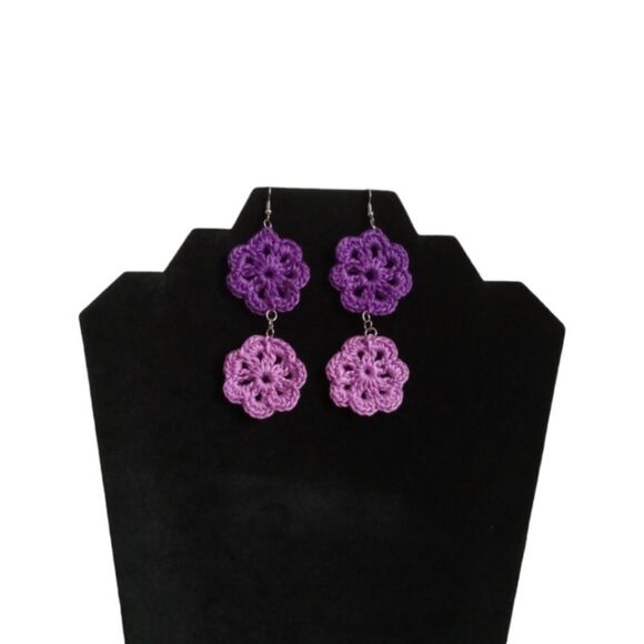 Shades of Purple Handmade Double Flower Embroidery Floss Crochet Dangle Earrings - Picture 1 of 9